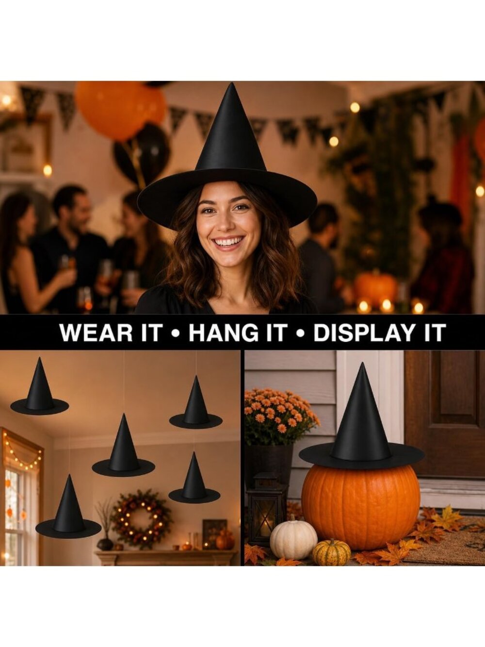 Halloween Witch Hats Decorations 10 PCS Hanging Floating Black Wizard Party Hat - Picture 2 of 6